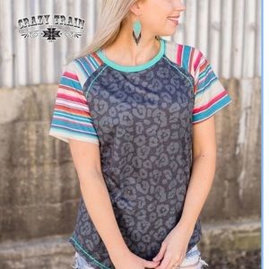 Crazy Train grey and zarape tee. (NWOT)